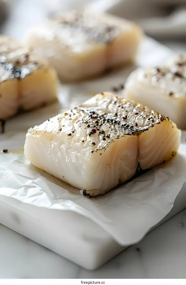 Raw cod fillet seasoned with salt and pepper