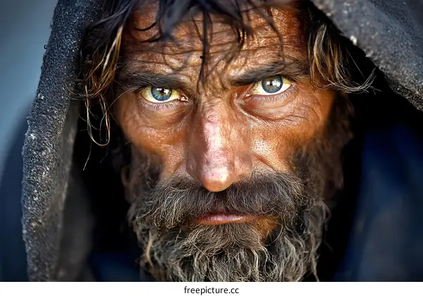 Close Up Portrait of a Man with a Beard and Blue Eyes