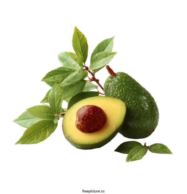 [Transparent Background PNG]Fresh Avocado with Leaves on White Background