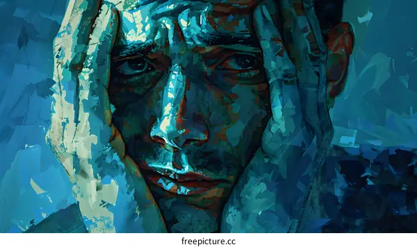 Man in Despair Blue Painted Portrait