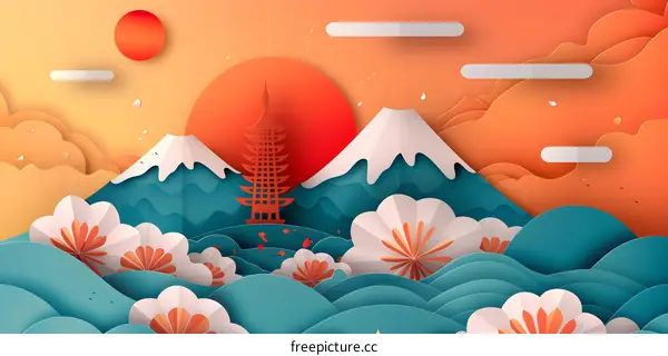 Mount Fuji and cherry blossoms in the setting sun