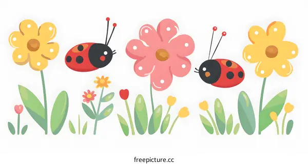 Ladybugs Flying Over Flowers Illustration