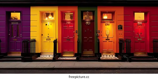 Colorful Houses with Colorful Doors in a Row