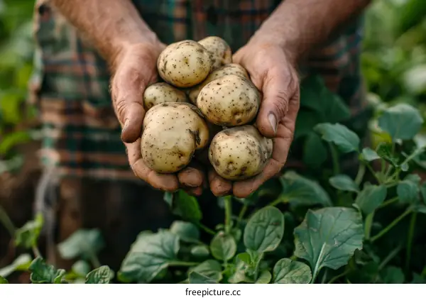 Farmer holding a handful of freshly harvested potatoes