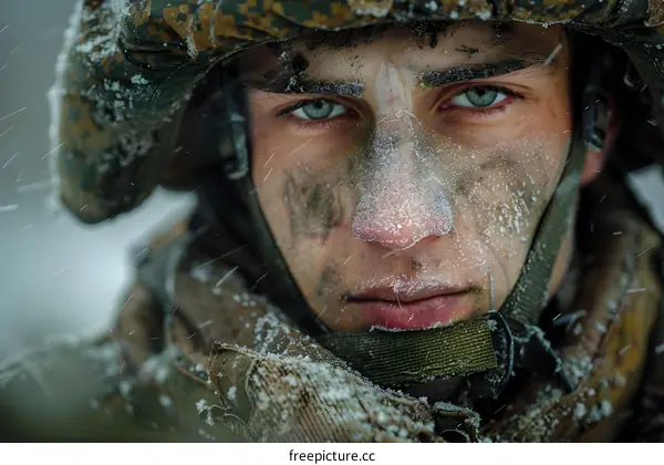 Portrait of a soldier in the snow