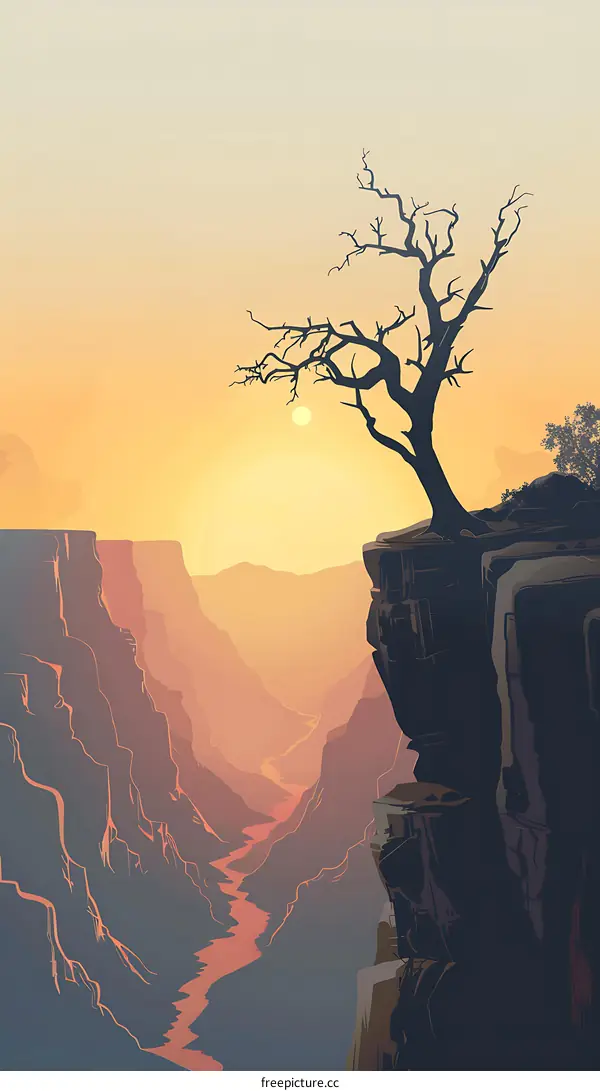 Sunset over Canyon with Dead Tree Silhouette