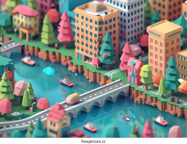 Low Poly Cityscape with Bridge and River