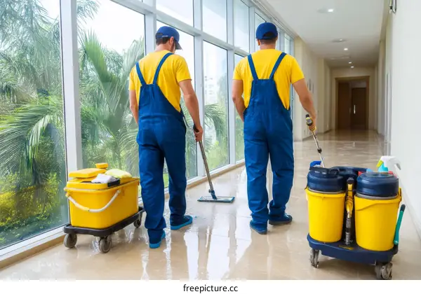 Two Caucasian janitors cleaning a hallway