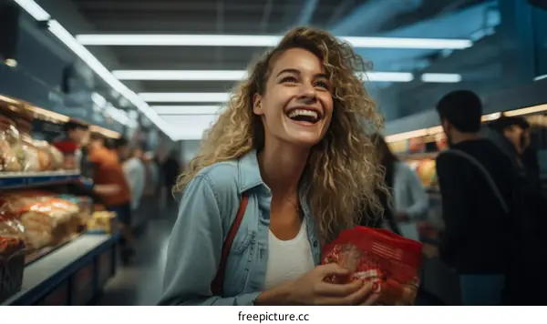 Laughing woman with curly hair holding a box of cereal in a grocery store