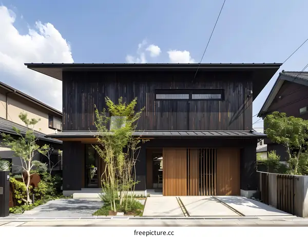 Modern Japanese Style Home with Black Exterior and Wooden Garage Door