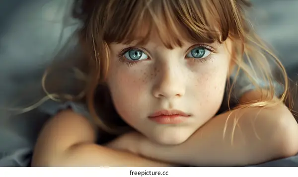 Portrait of a cute little girl with freckles and blue eyes