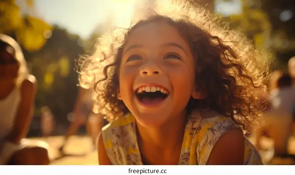 Portrait of a joyful young girl with curly hair smiling