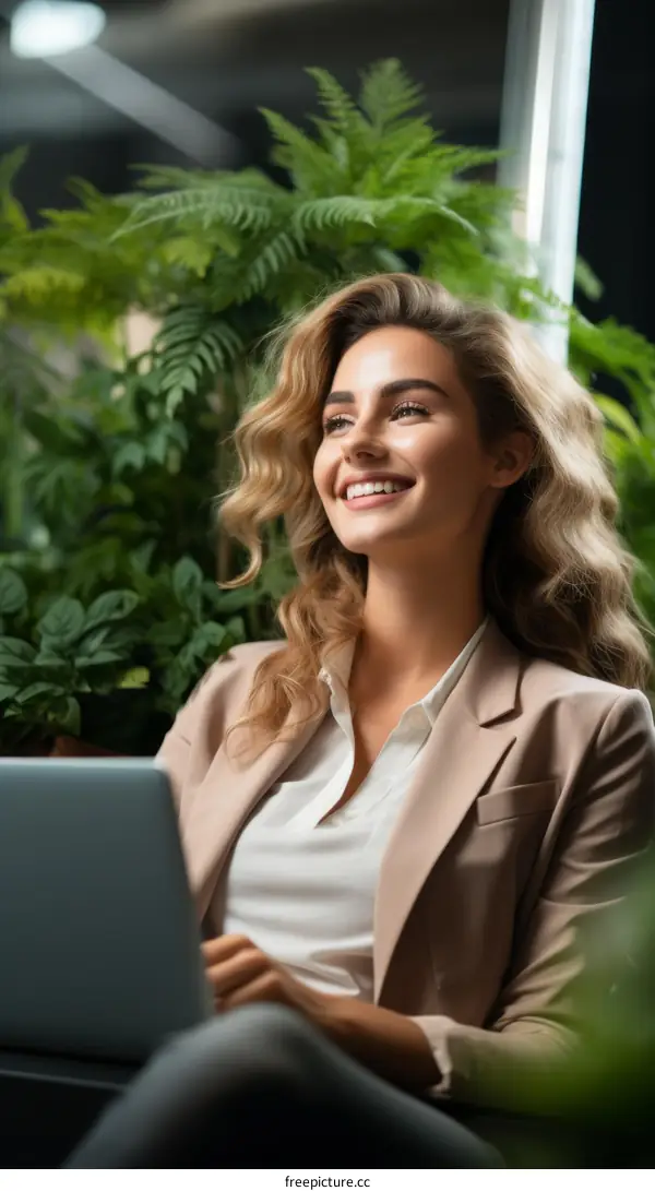 Confident young businesswoman working on laptop in lush green office