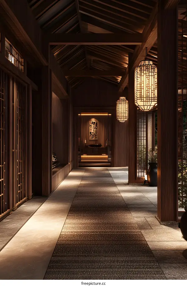 Wooden Corridor with Japanese Style Lanterns