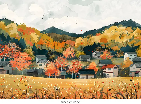 Autumn Village Landscape Illustration
