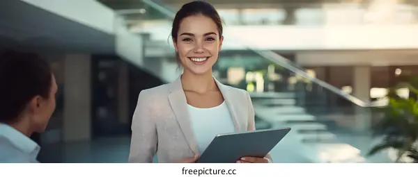 Smiling Businesswoman Holding Tablet in Office