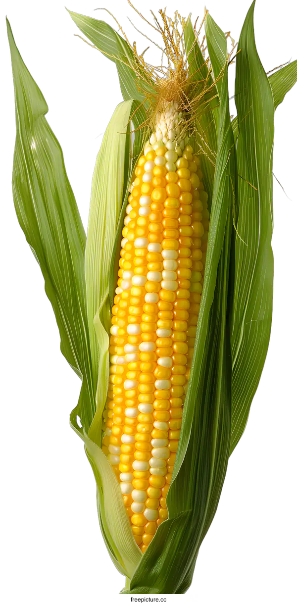 [Transparent Background PNG]Fresh Yellow Corn Cob with Green Husks