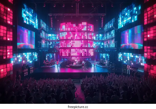 Synthwave concert stage performance with many screens and lights