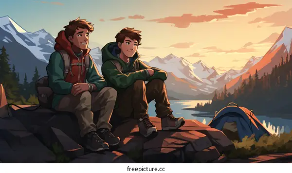 Two friends admiring the mountain and lake view during their camping trip