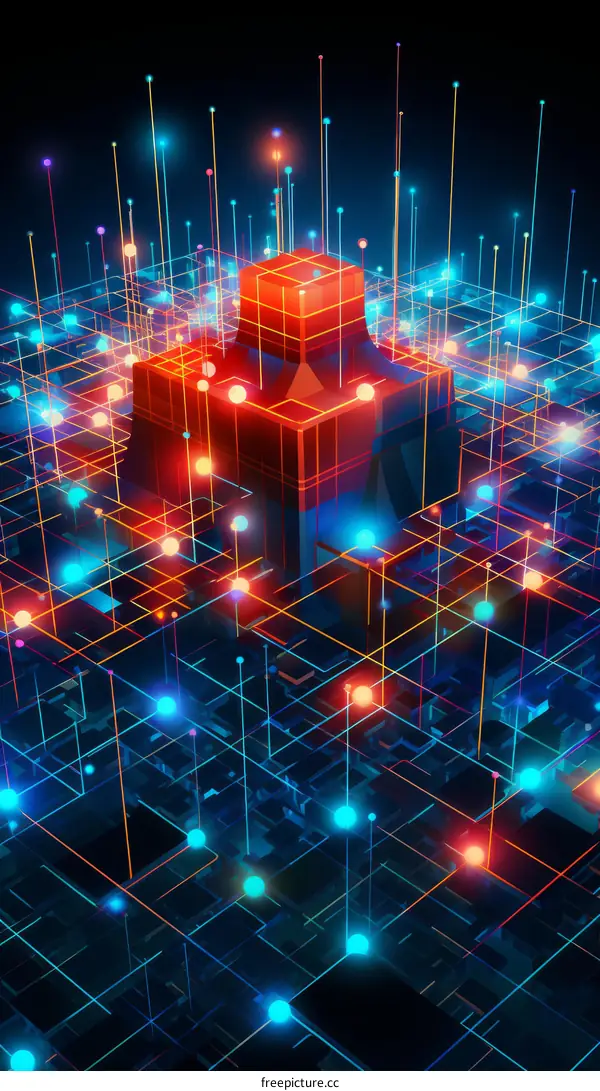 Glowing Red Cube Structure with Blue and Orange Particles