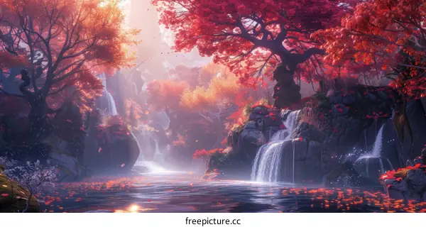Waterfall Amidst Red Autumn Leaves
