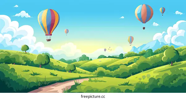 Cartoon Colorful Hot Air Balloons Flying Over Green Hills and Mountains