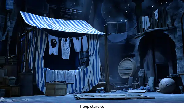 Night Market Scene with Blue and White Striped Tent