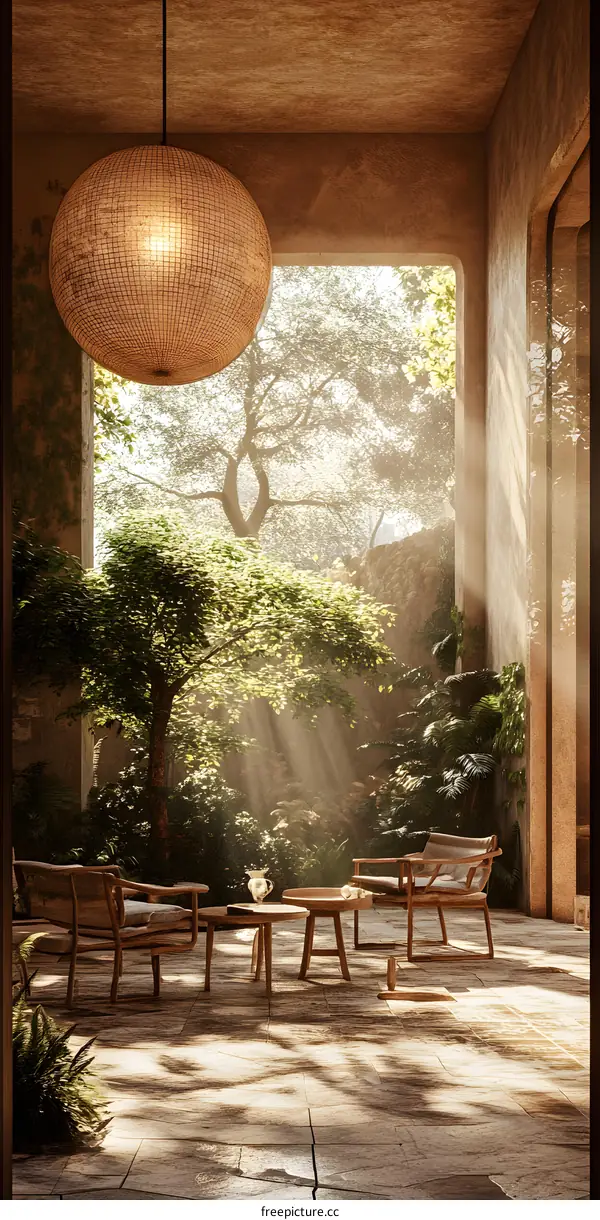 Modern Patio Design with Sunbeams and Lush Greenery