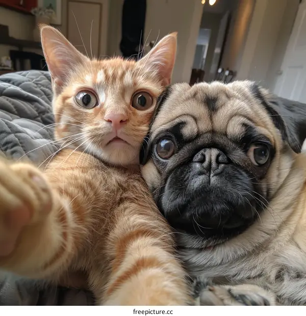A ginger cat and a pug are taking a selfie together.