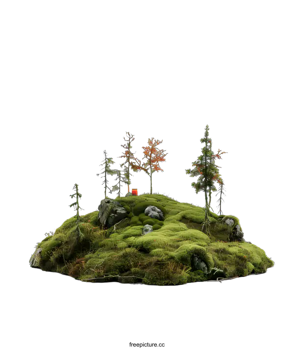 [Transparent Background PNG]Miniature Forest Landscape with Moss Covered Hill and Tiny Trees
