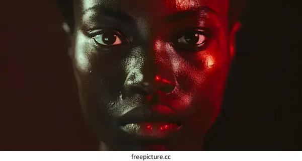 Close Up Portrait of a Young Black Woman with Red Light