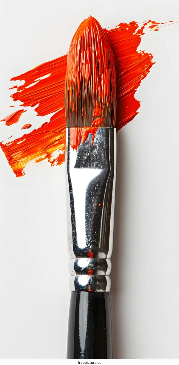 Close-up of a paintbrush with red oil paint on a white background