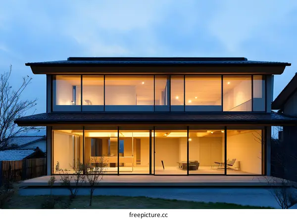 Modern Japanese House with Large Windows and a Wooden Deck