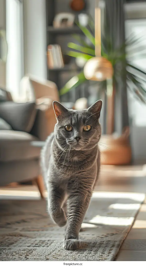 A gray cat is walking on the floor towards the camera