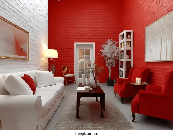 Red and White Brick Wall Living Room Interior