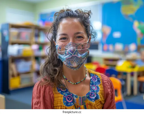Early childhood educators are smiling behind colorful masks