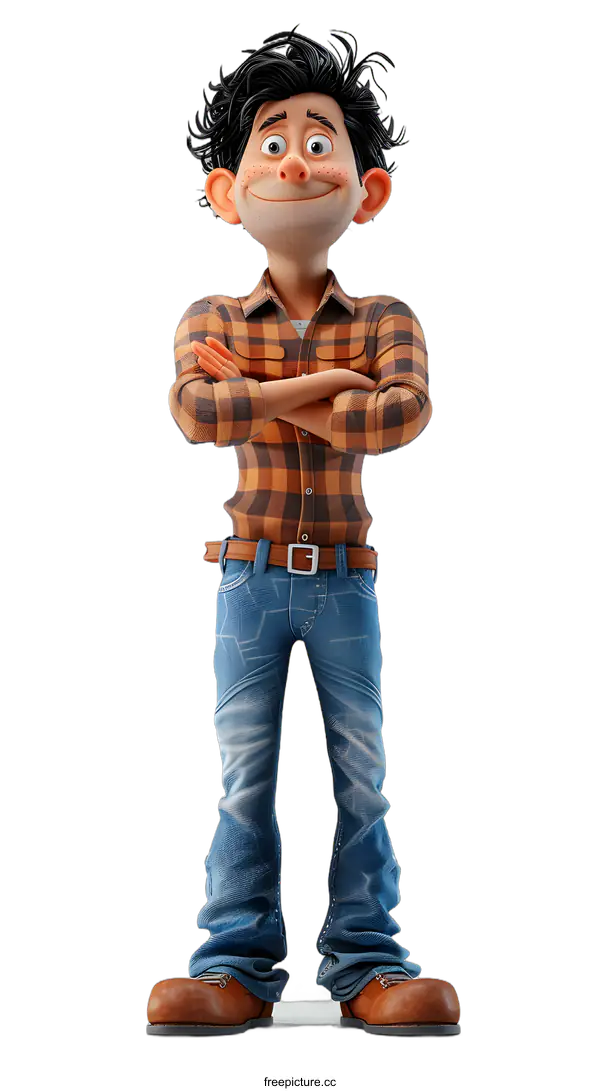 [Transparent Background PNG]Smiling Cartoon Character Wearing a Plaid Shirt and Jeans