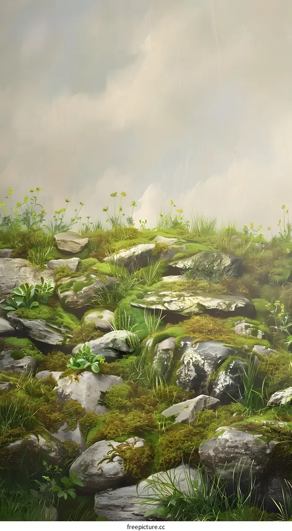 Green Mossy Rocks and Grass Landscape Background