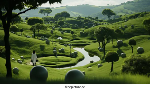 A woman walking in a surreal green landscape with giant topiary balls