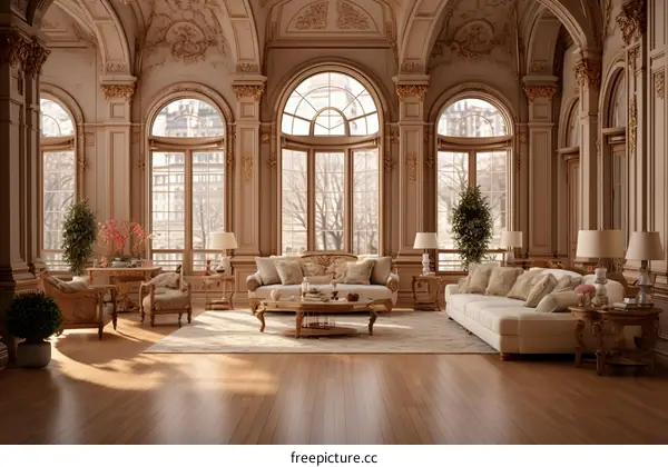 Ornate living room with large windows