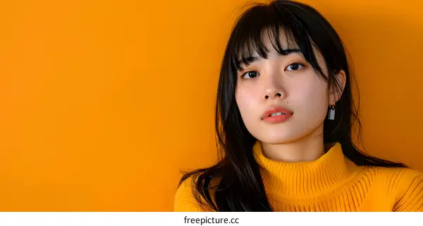 Young Asian Woman with Black Hair and Yellow Sweater