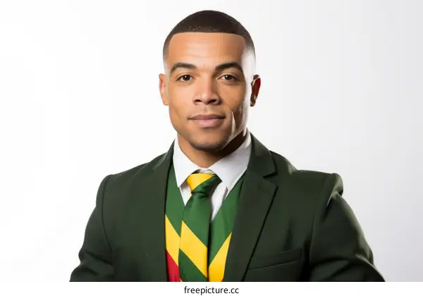 A headshot of a young man wearing a green suit and a tie with the colors of the Jamaican flag.
