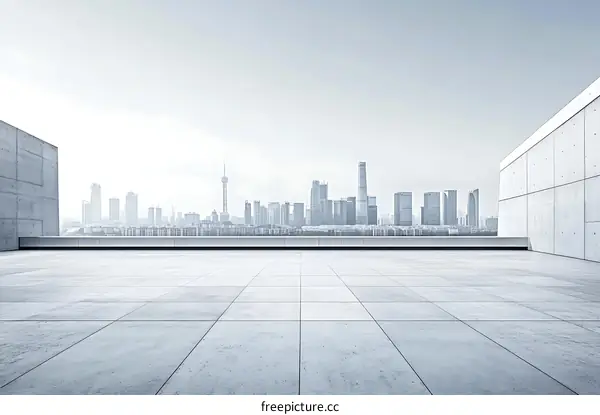 Empty Rooftop Terrace View of Modern Cityscape