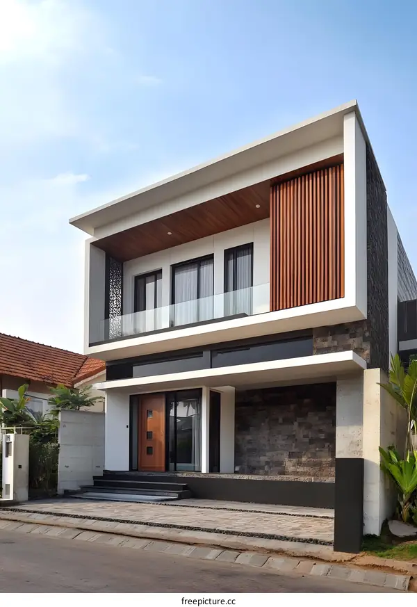 Modern Two Storey House With Wooden Panel And Stone Wall Exterior