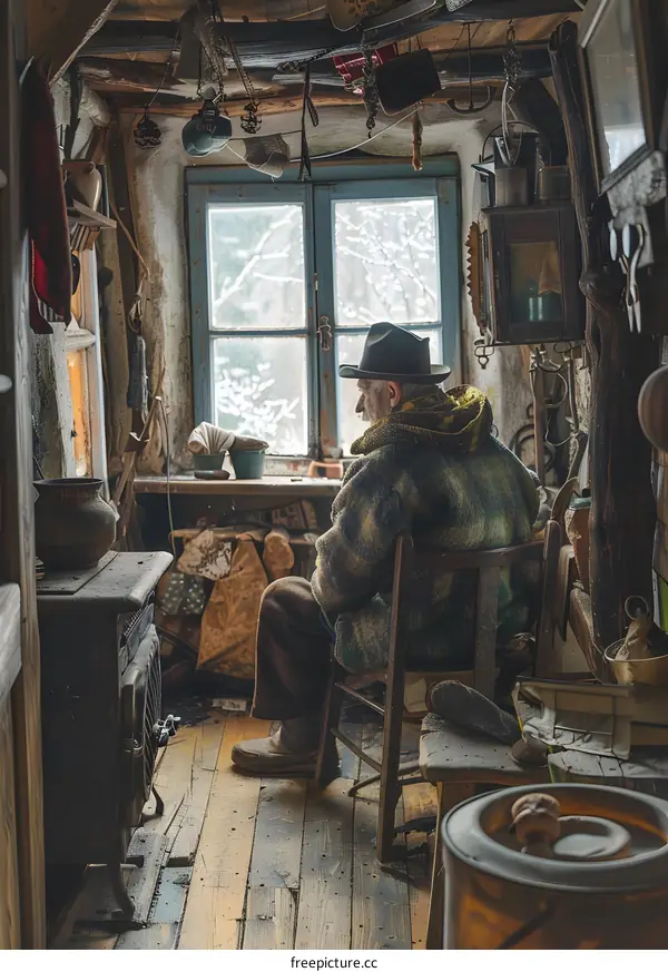 An old man is sitting in a chair in a rustic room.