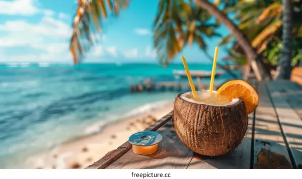 Coconut Drink with Orange Slice on Tropical Beach