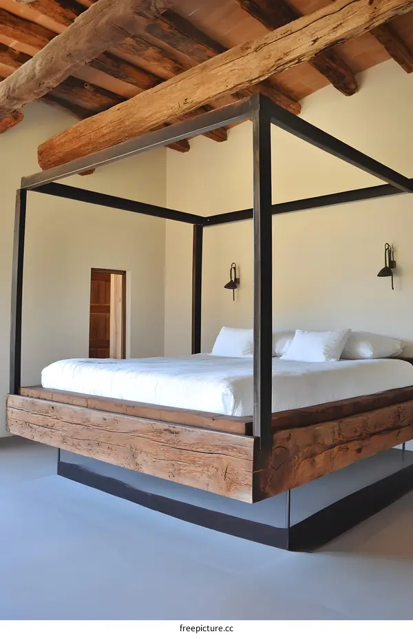 Modern Rustic Bedroom With Wooden Beam Ceiling and Canopy Bed