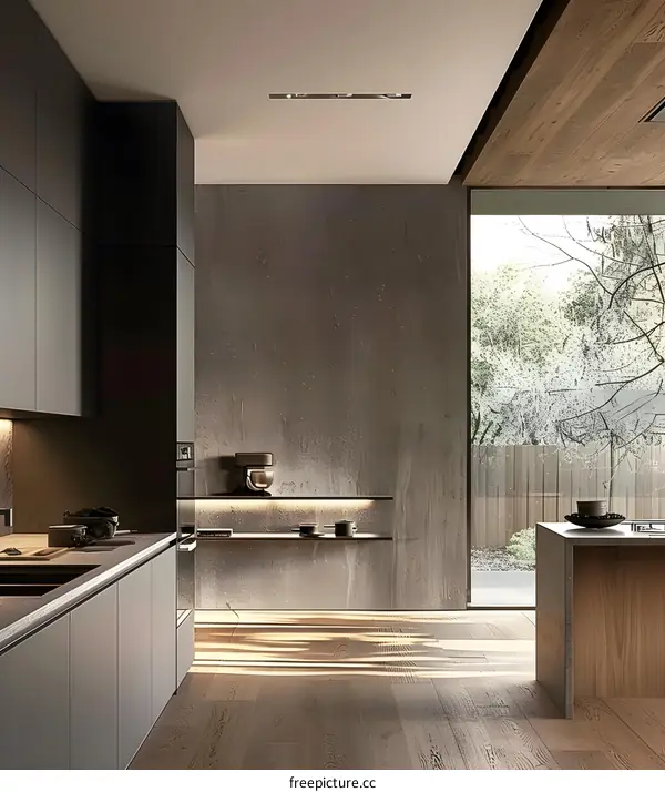 Modern Kitchen Interior Design With Concrete Wall And Wooden Floor