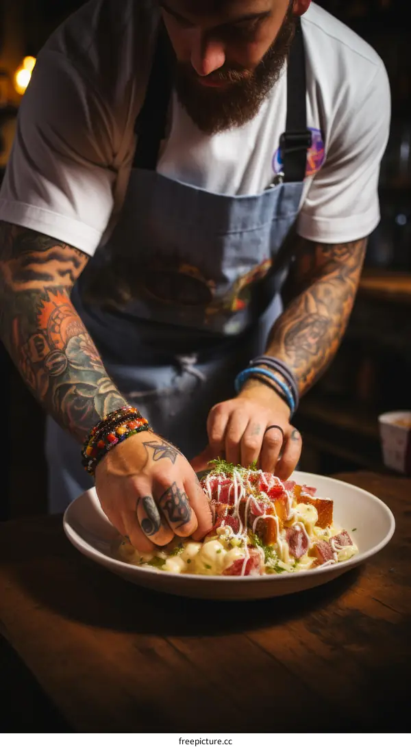 Bearded chef carefully adding finishing touches to a plate of food