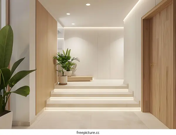 Minimalist Modern Hallway Interior Design with Wooden Walls and Staircase